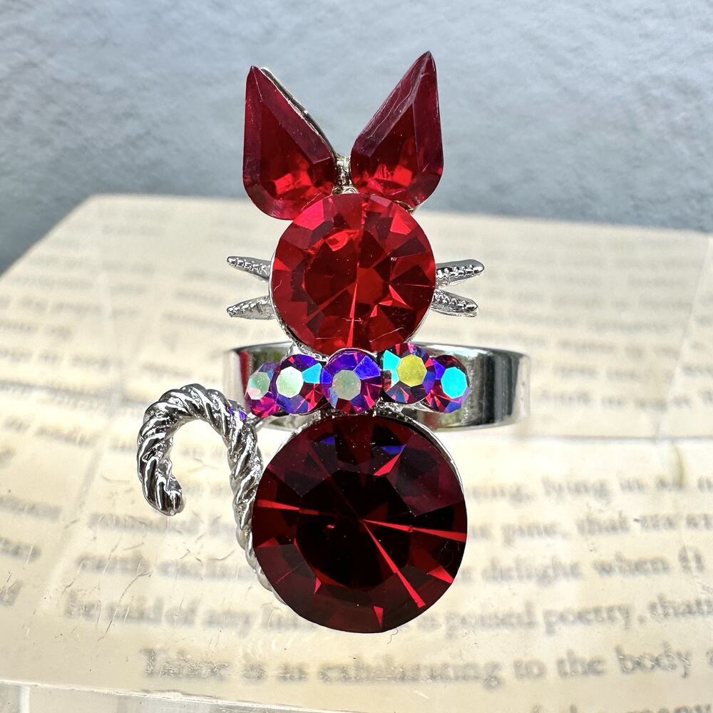 Red Cat Cocktail Ring Crystal Rhinestone Silver Kitty Statement Sz 7 Adjustable